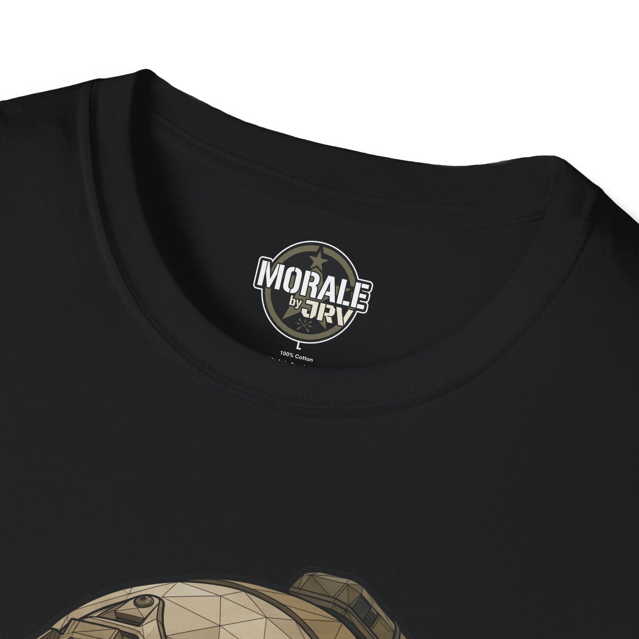 Black tee with small Moral logo at neckline, partial skull-helmet graphic