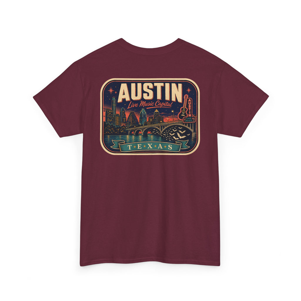 Maroon T-shirt with retro Austin Texas skyline badge graphic on front