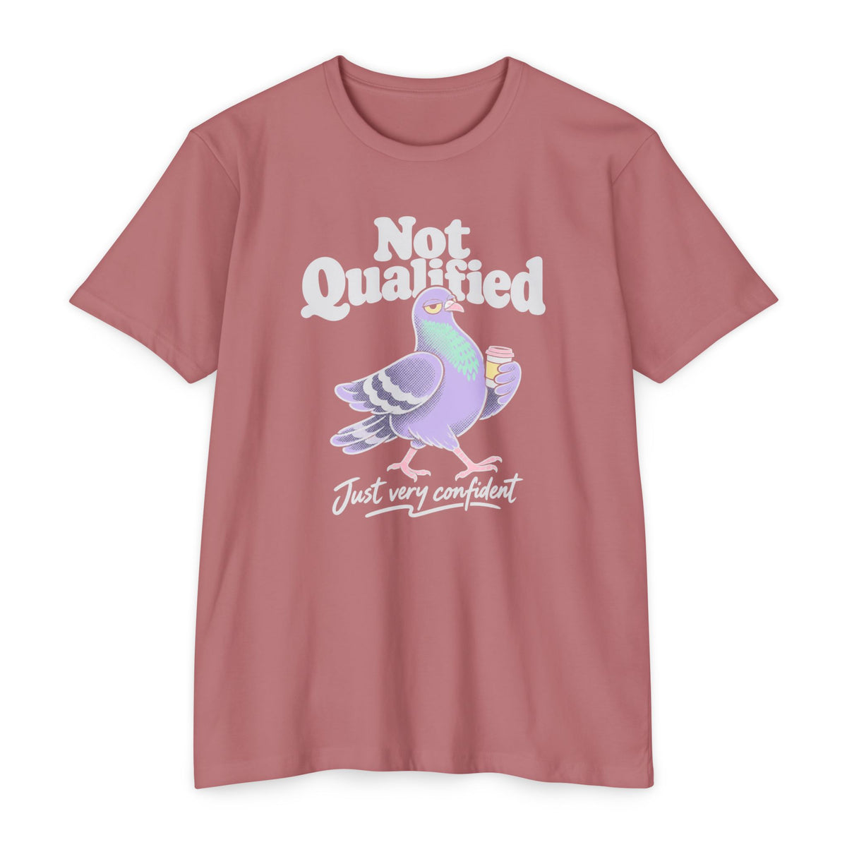 Pink crewneck T-shirt with pigeon graphic and 'Not Qualified' slogan on front