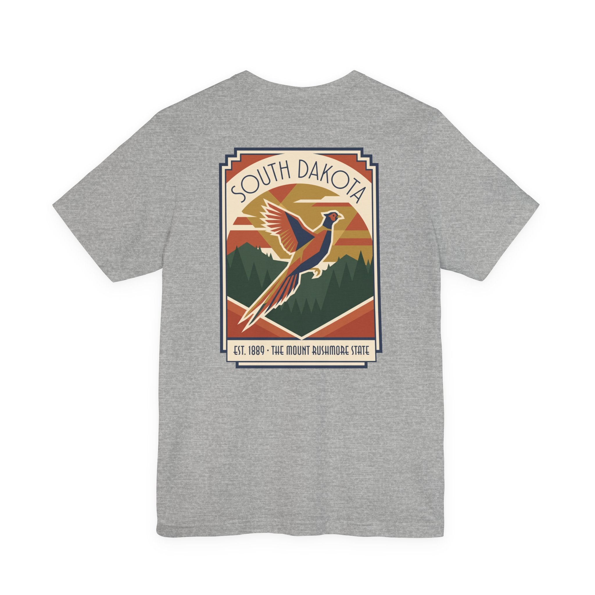 Heather grey t-shirt with South Dakota art deco pheasant graphic