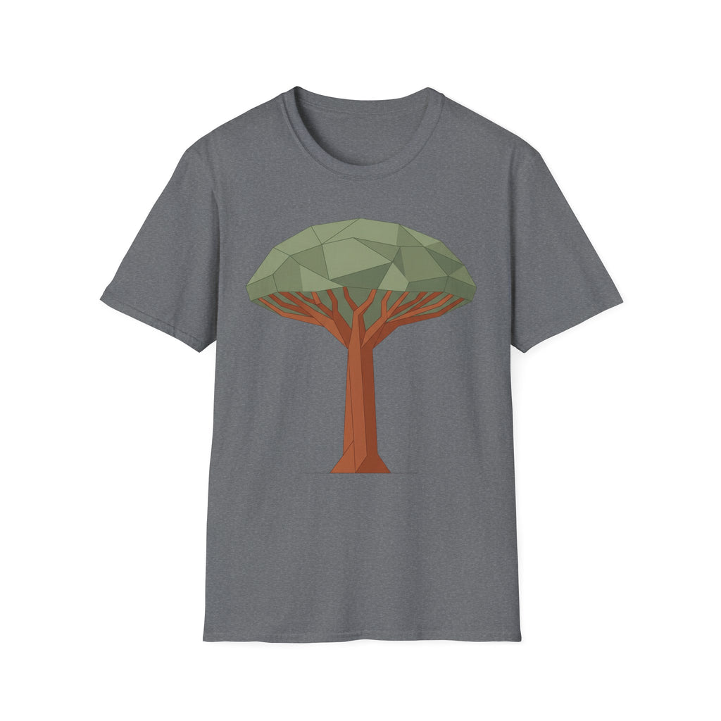 Dunkelgraue T‑Shirt mit geometrischem Drachenblutbaum-Grafikmotiv auf der Brust