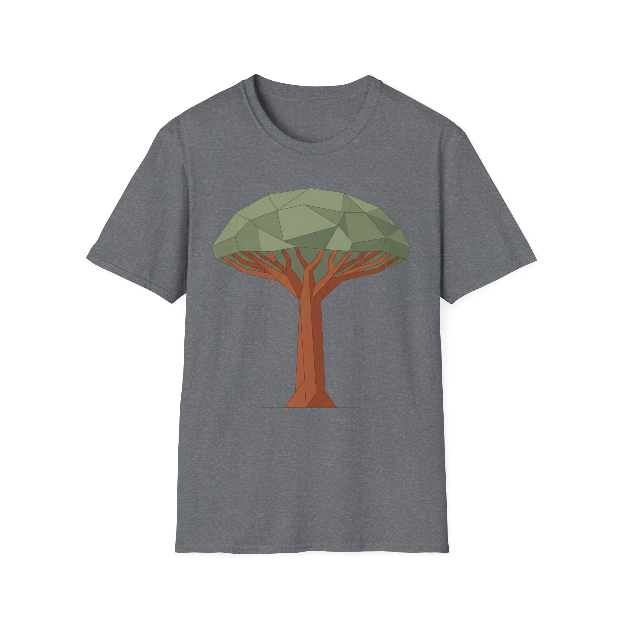 Dunkelgraue T‑Shirt mit geometrischem Drachenblutbaum-Grafikmotiv auf der Brust