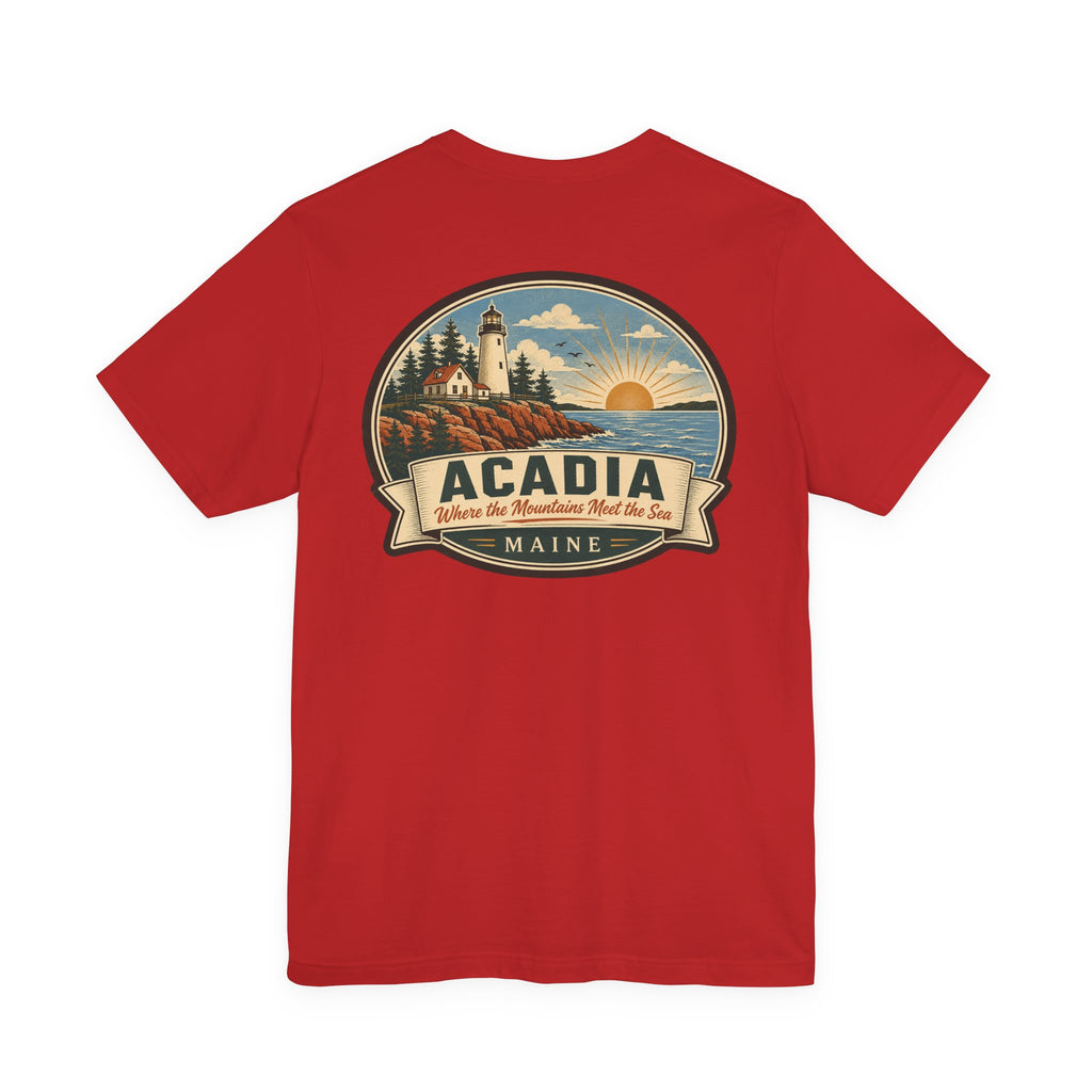 Red crew-neck t-shirt with large oval scenic Acadia graphic on the chest