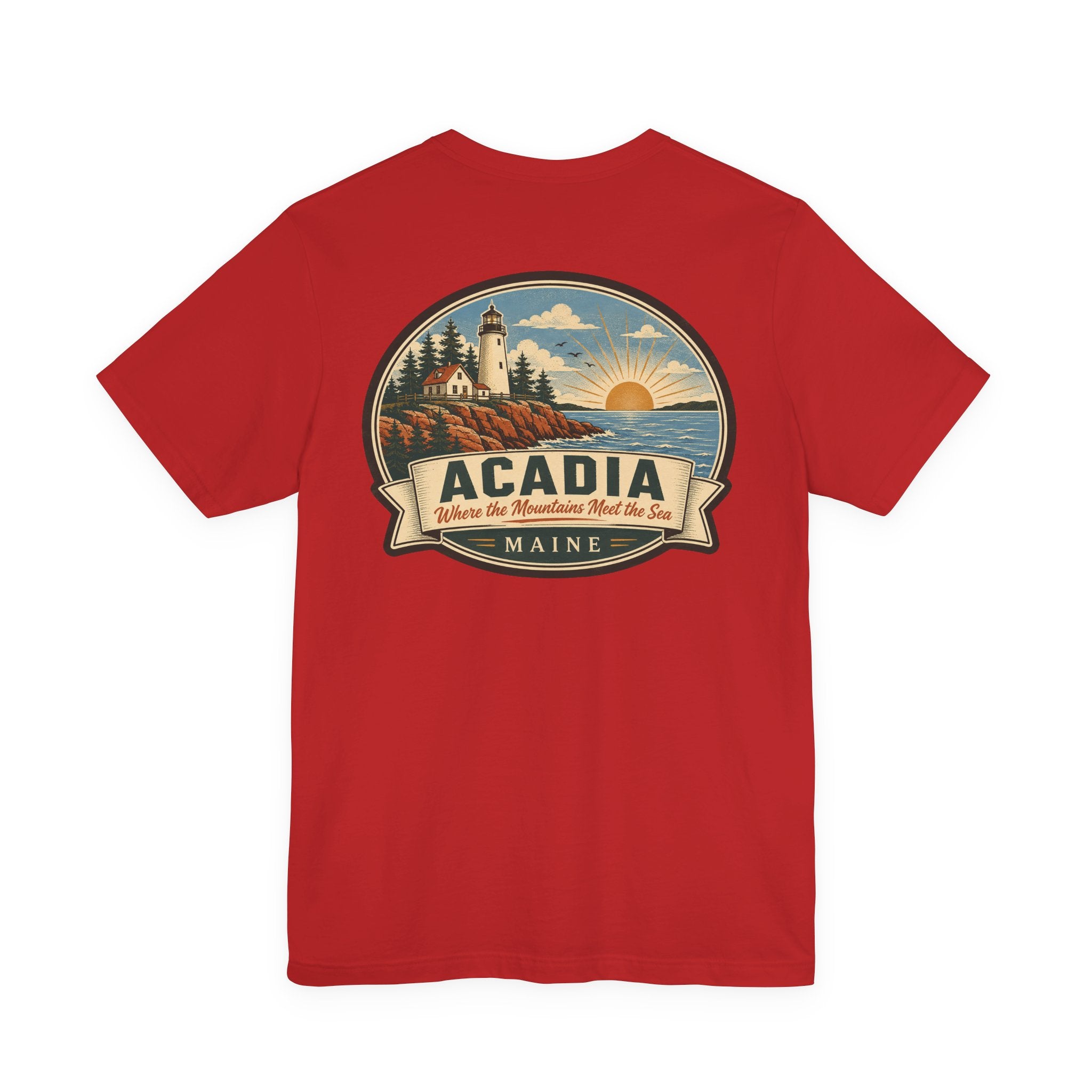 Red crew-neck t-shirt with large oval scenic Acadia graphic on the chest
