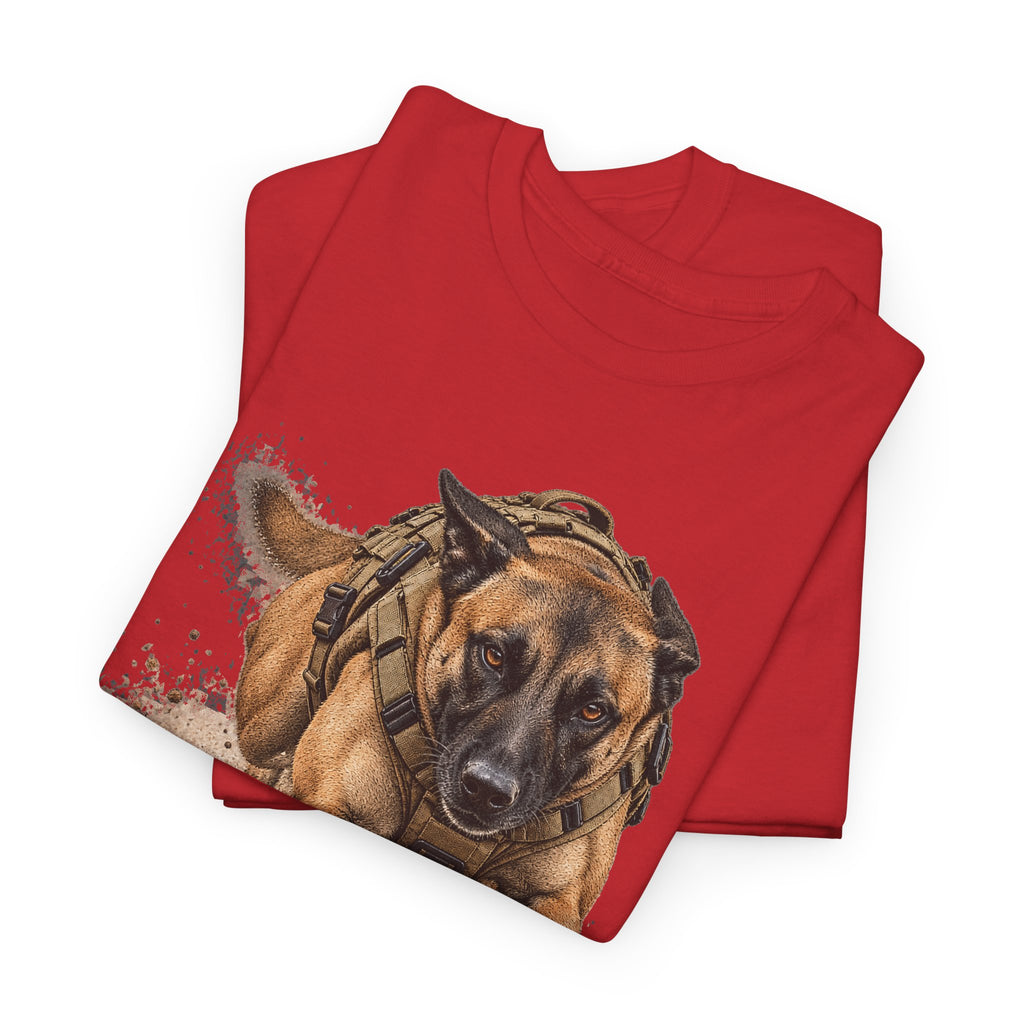 Red tactical working dog T-shirt with Belgian Malinois graphic on front