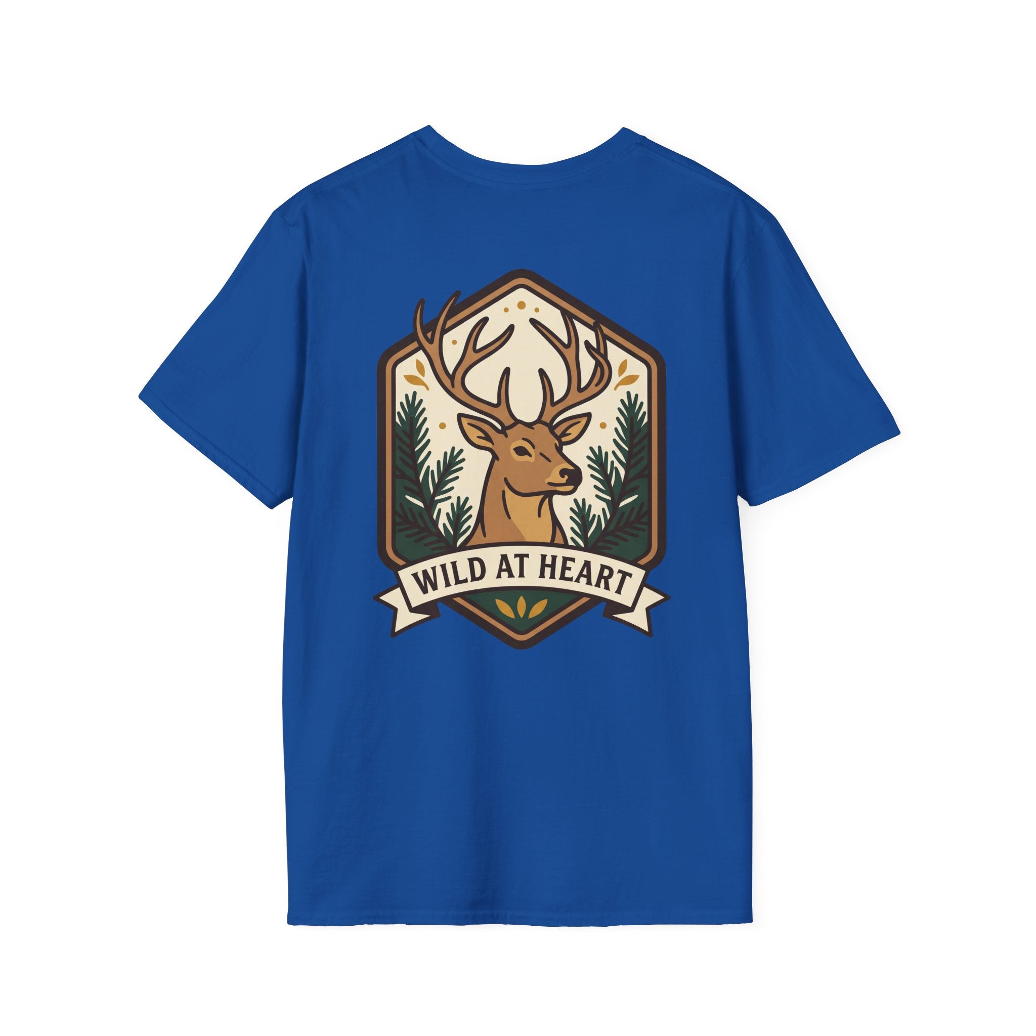 Royal blue deer graphic T-shirt with badge stag antlers and Wild at Heart text
