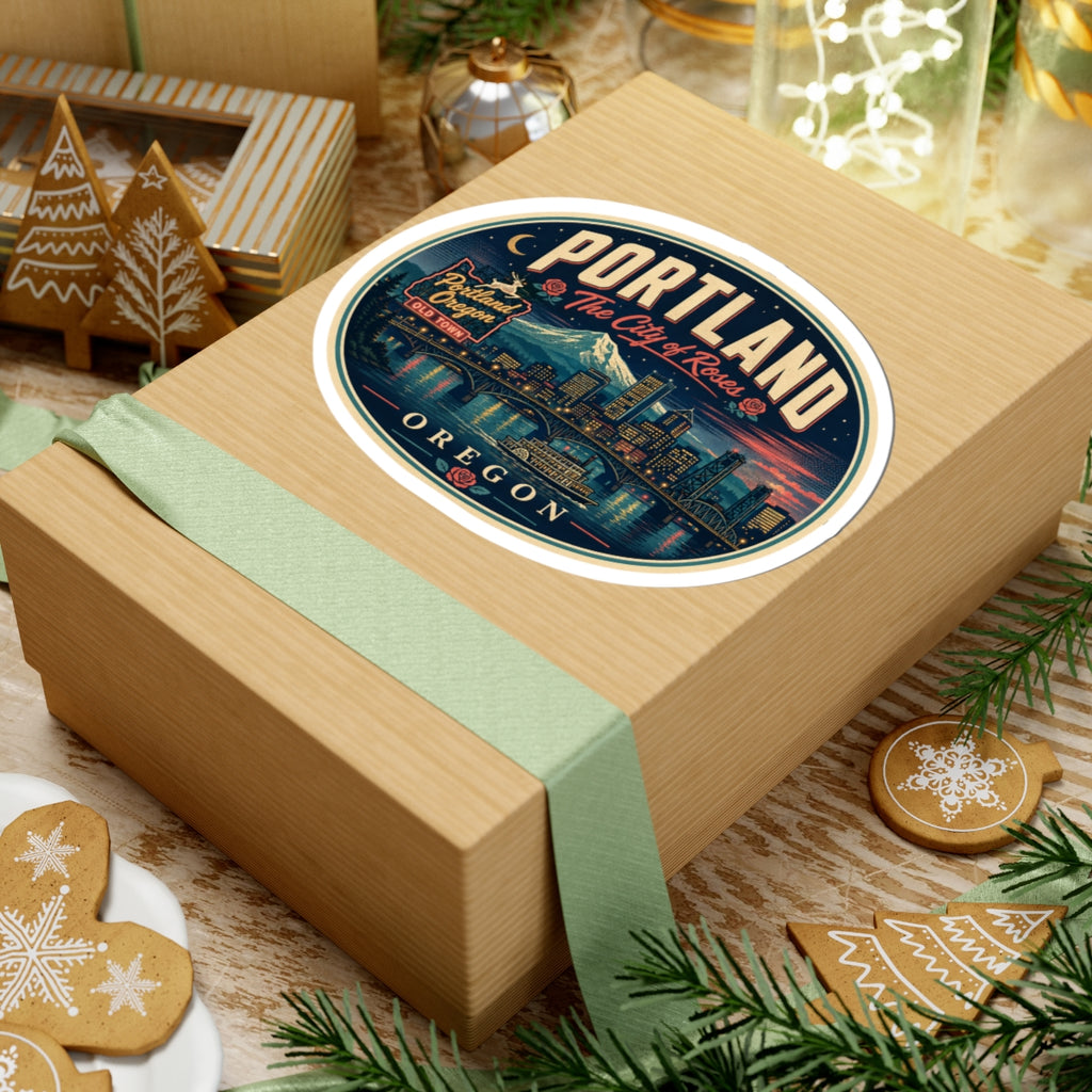 Round Portland Oregon luggage tag sticker on a wrapped gift box with teal ribbon and border