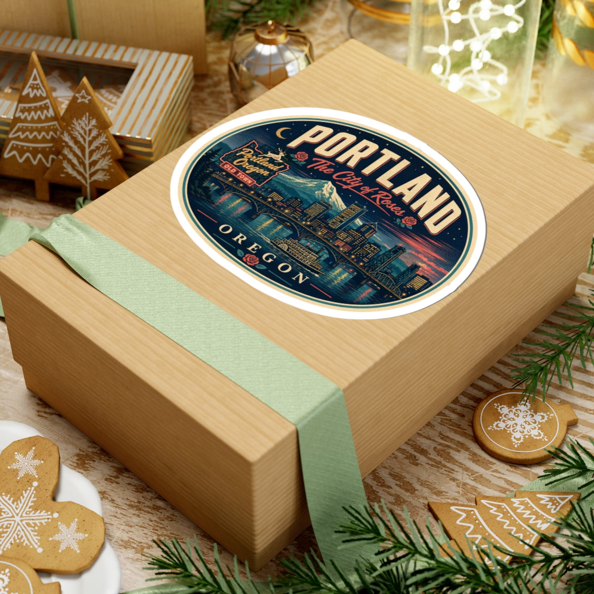 Round Portland Oregon luggage tag sticker on a wrapped gift box with teal ribbon and border