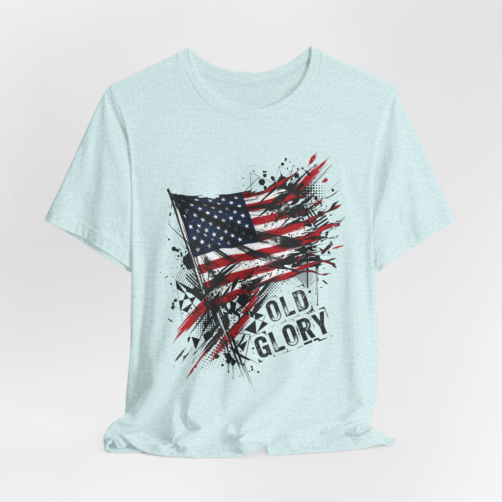 Light blue crew-neck T-shirt with distressed American flag and Old Glory text graphic