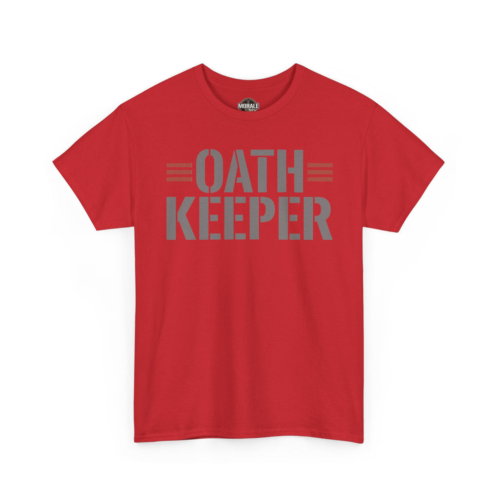 Red T-shirt with bold OATH KEEPER graphic on the front