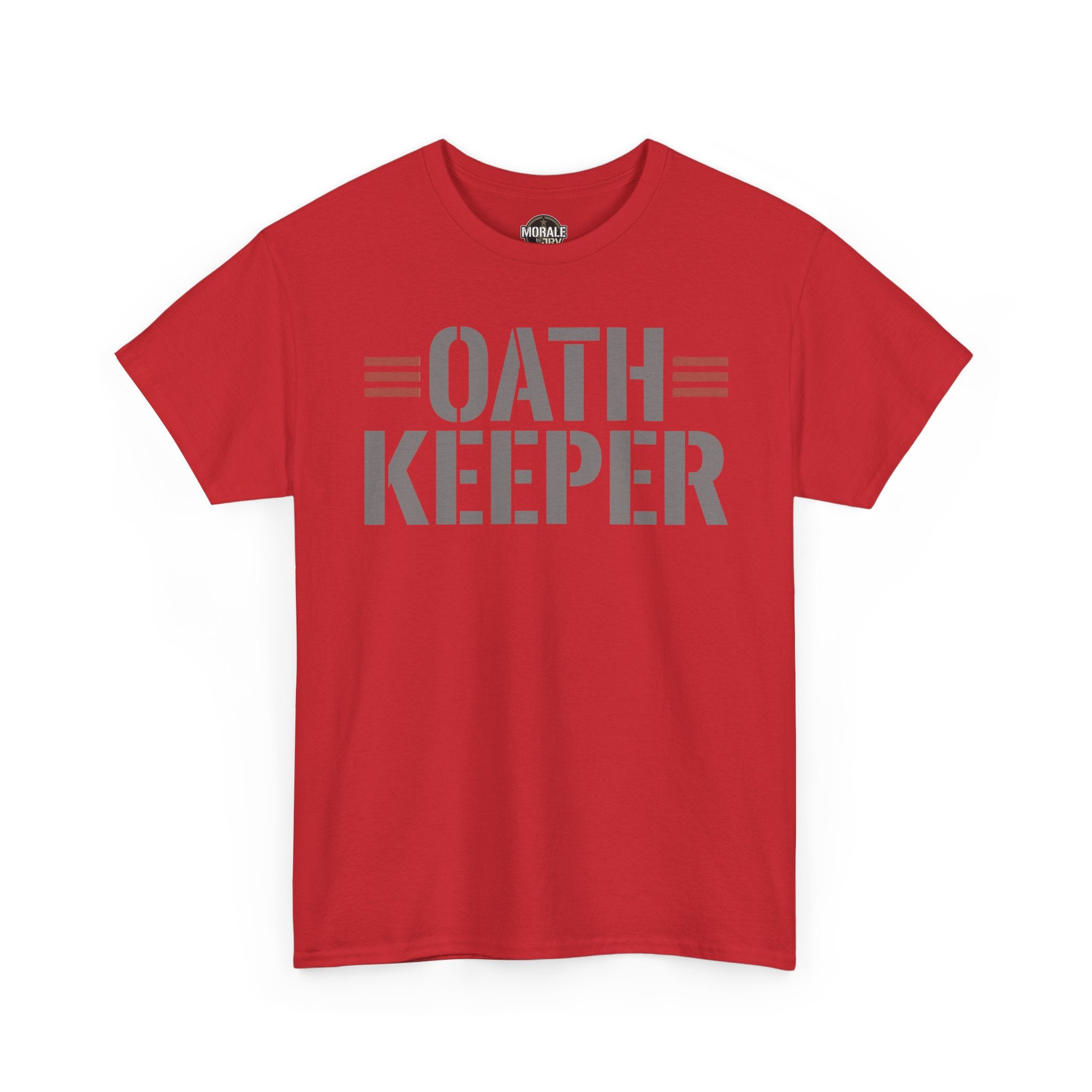 Red T-shirt with bold OATH KEEPER graphic on the front