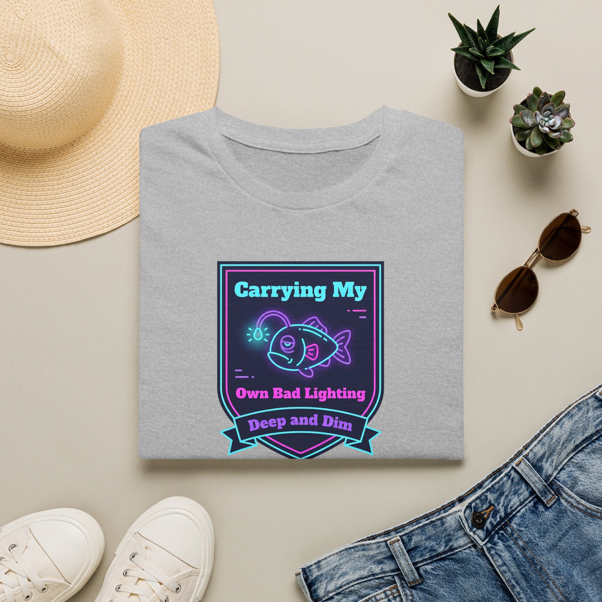 Light gray T-shirt with neon anglerfish graphic and ribbon text, front view