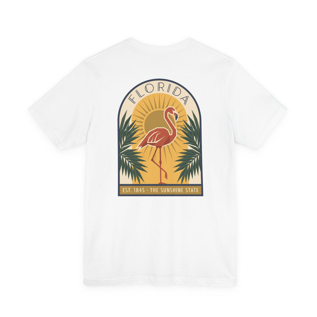 White flamingo art deco T-shirt with Florida badge and palm graphic