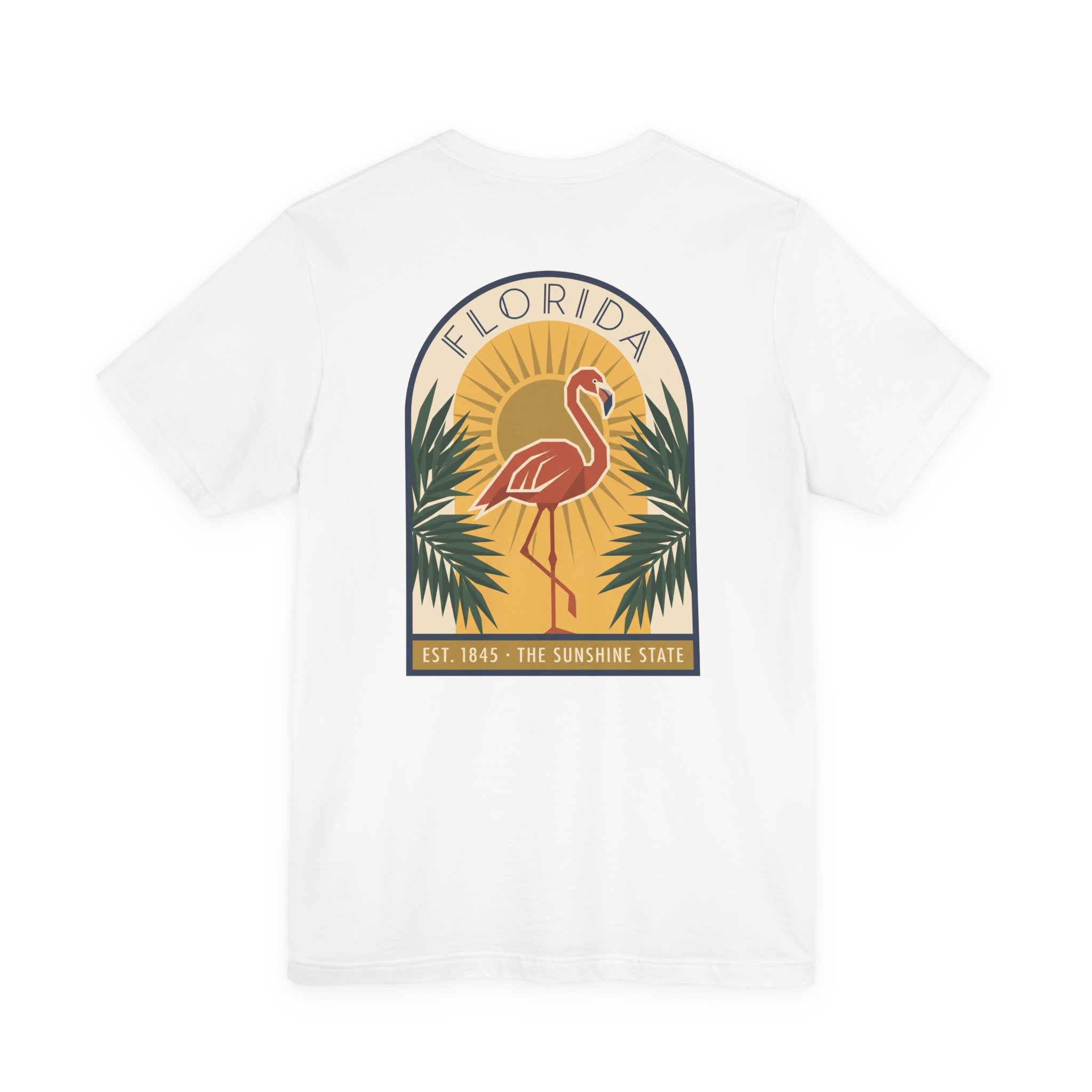 White flamingo art deco T-shirt with Florida badge and palm graphic