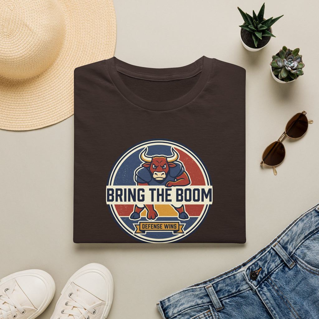 Dark brown T-shirt with circular bull mascot graphic and “BRING THE BOOM” print