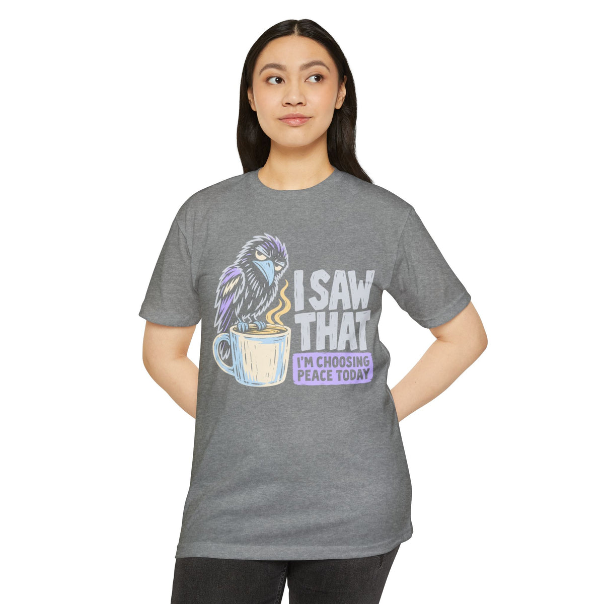 Heather gray raven coffee graphic T-shirt with peace message text