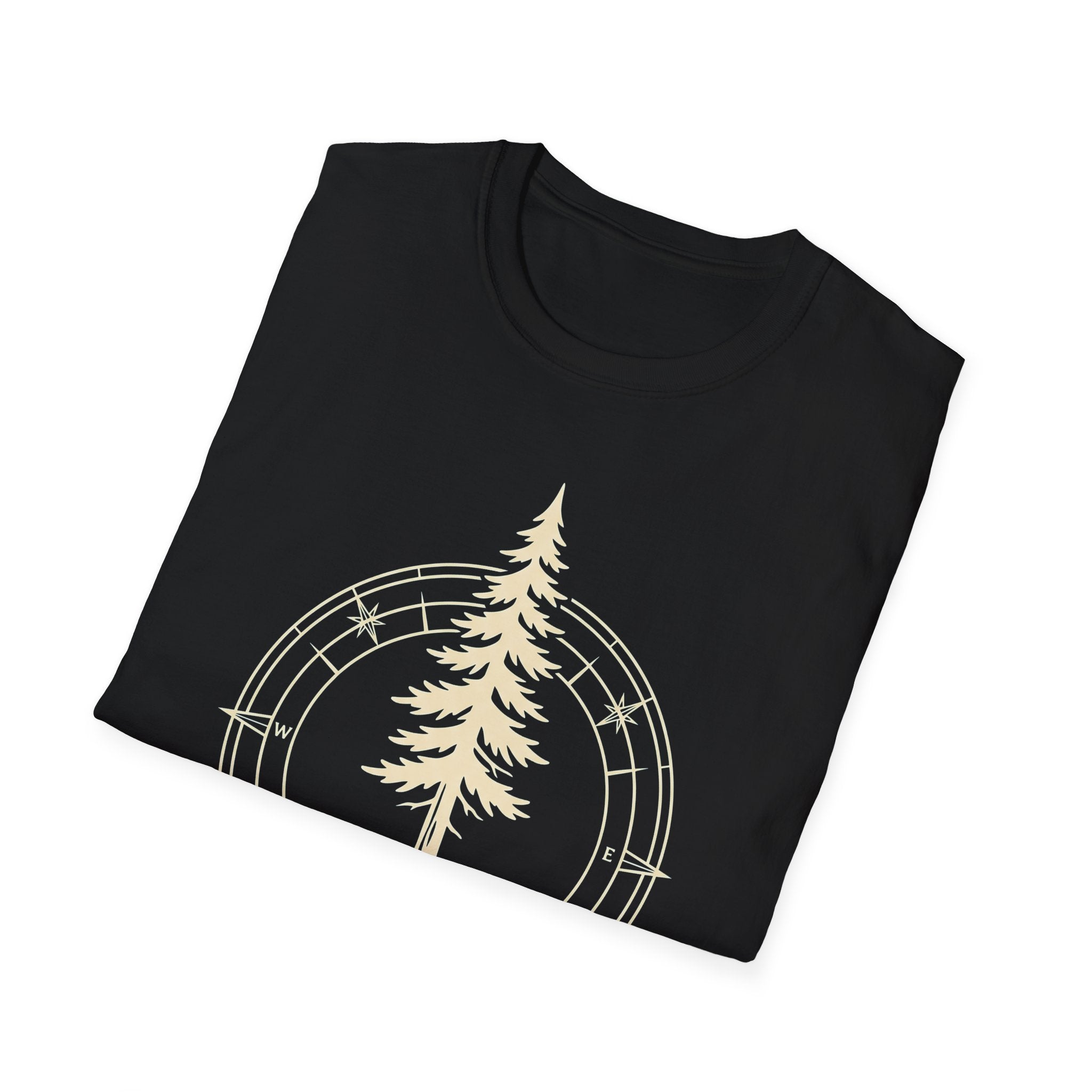 Black T-shirt with pine tree compass graphic circle and compass marks