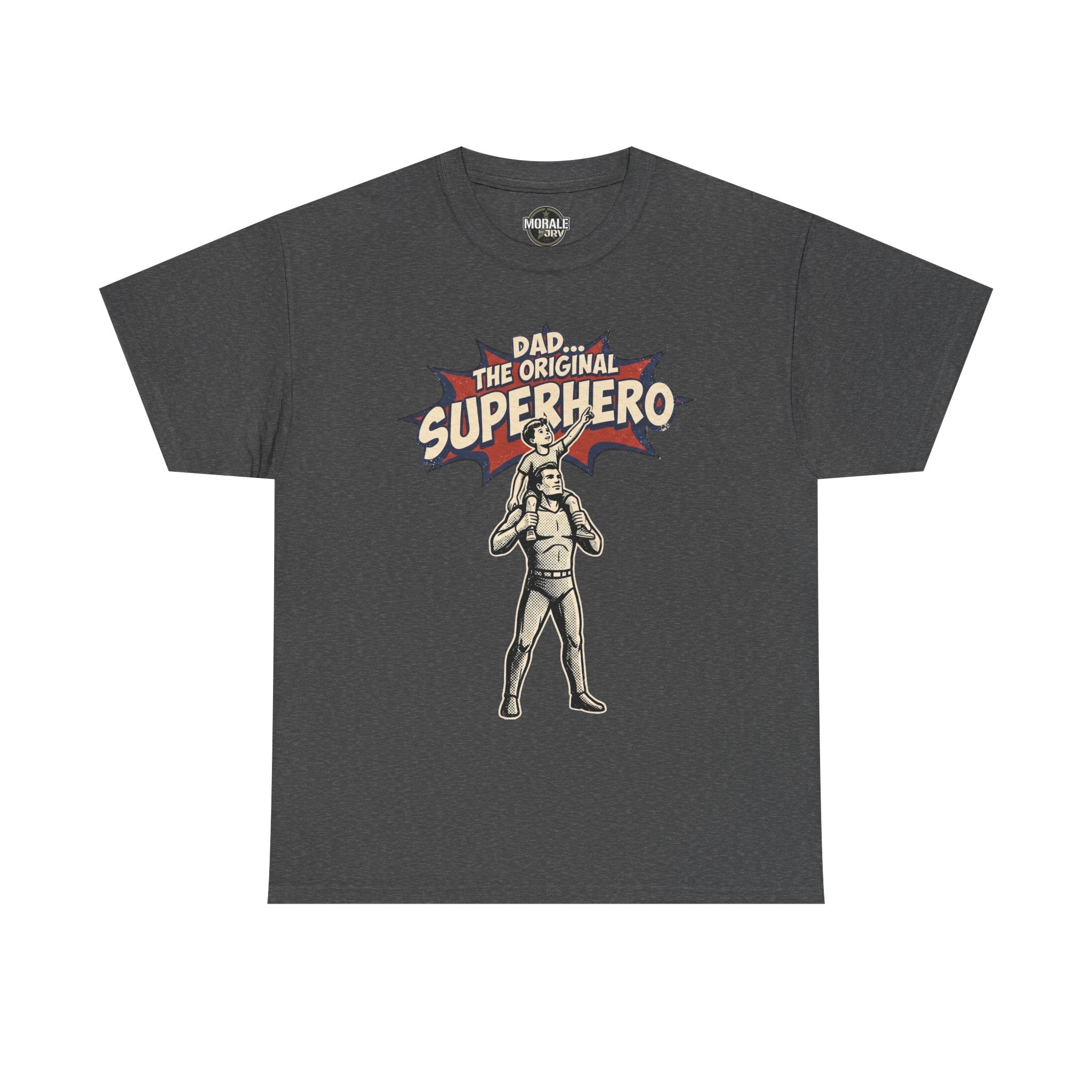Dark grey crewneck T-shirt with retro comic superhero dad graphic on the chest
