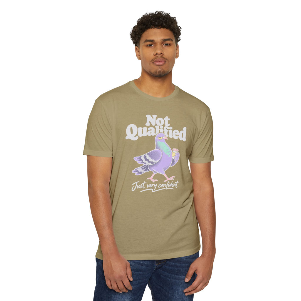 Olive short-sleeve T-shirt with “Not Qualified” pigeon graphic on front