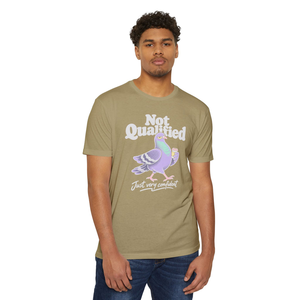 Olive short-sleeve T-shirt with “Not Qualified” pigeon graphic on front