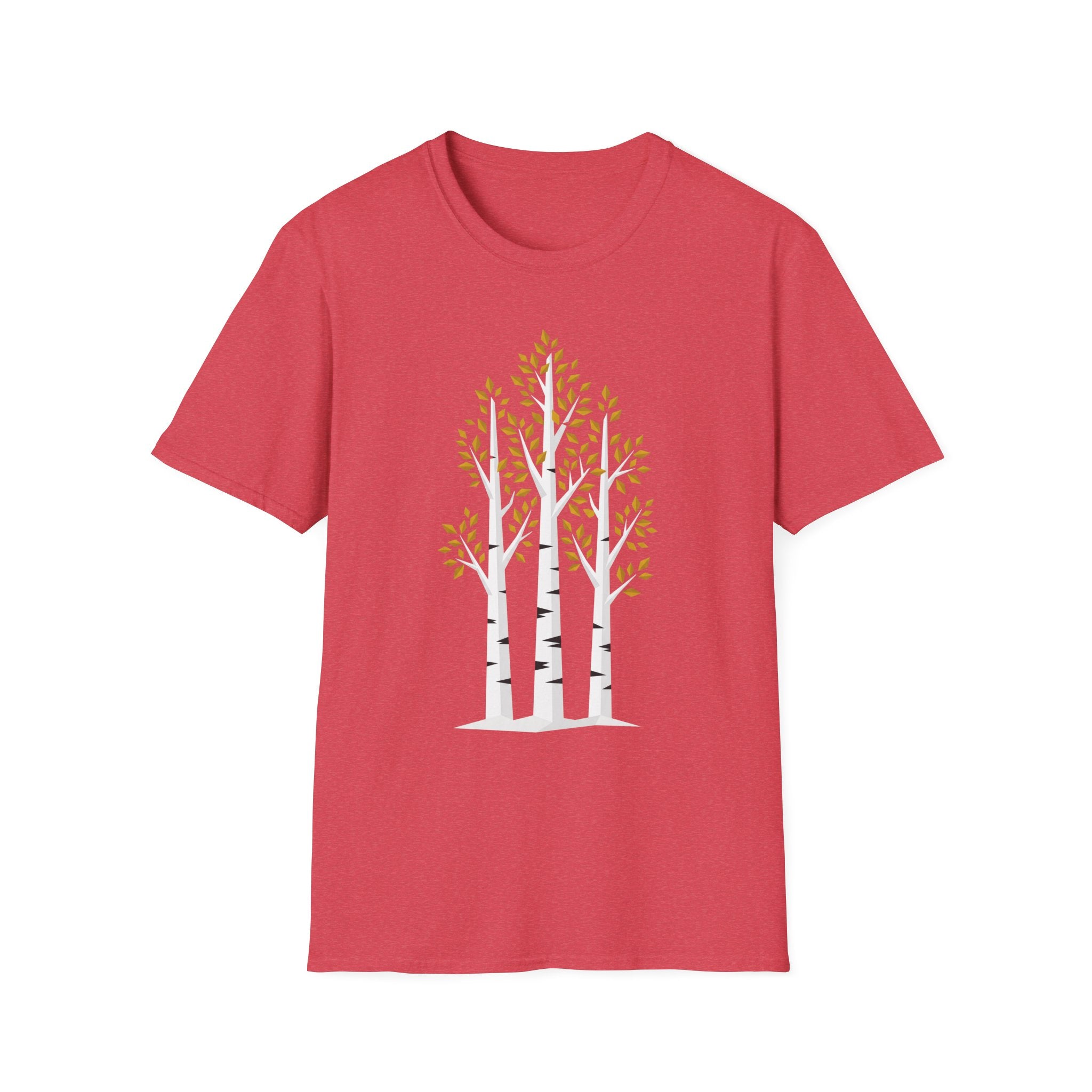 Rotes T‑Shirt mit Birkenwald-Illustration und goldenen Herbstblättern