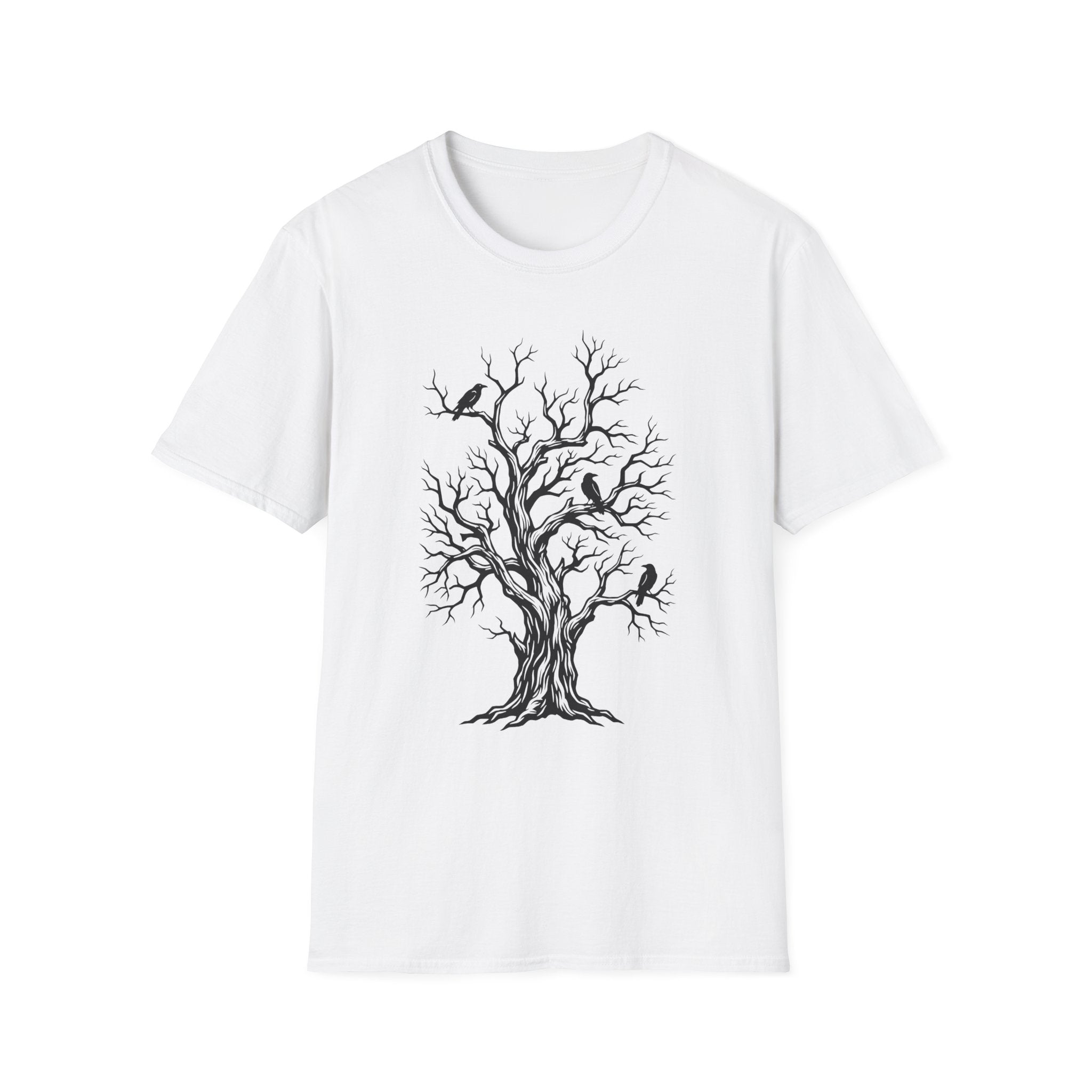 White T-shirt with bare tree and black crow graphic print