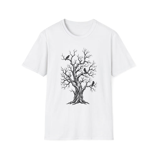 White T-shirt with bare tree and black crow graphic print