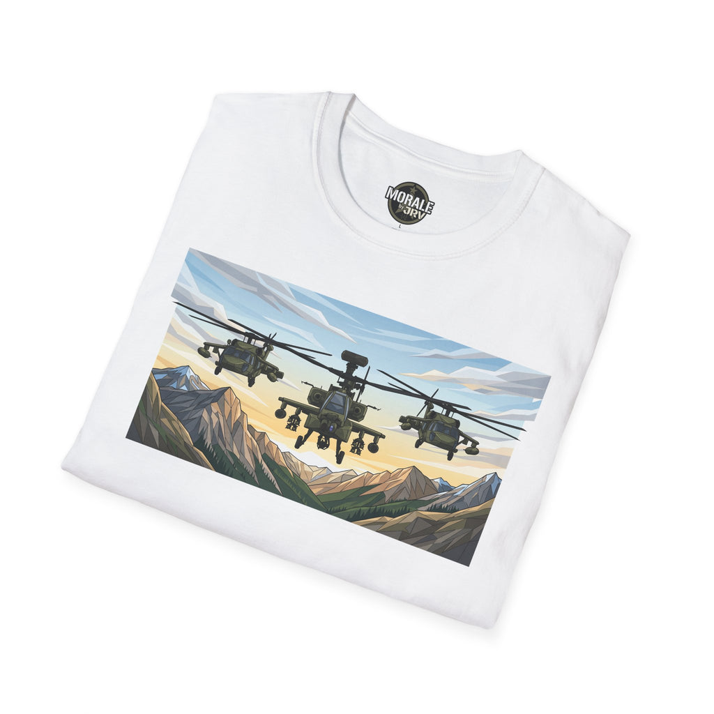 White T-shirt with attack helicopters over mountain valley graphic