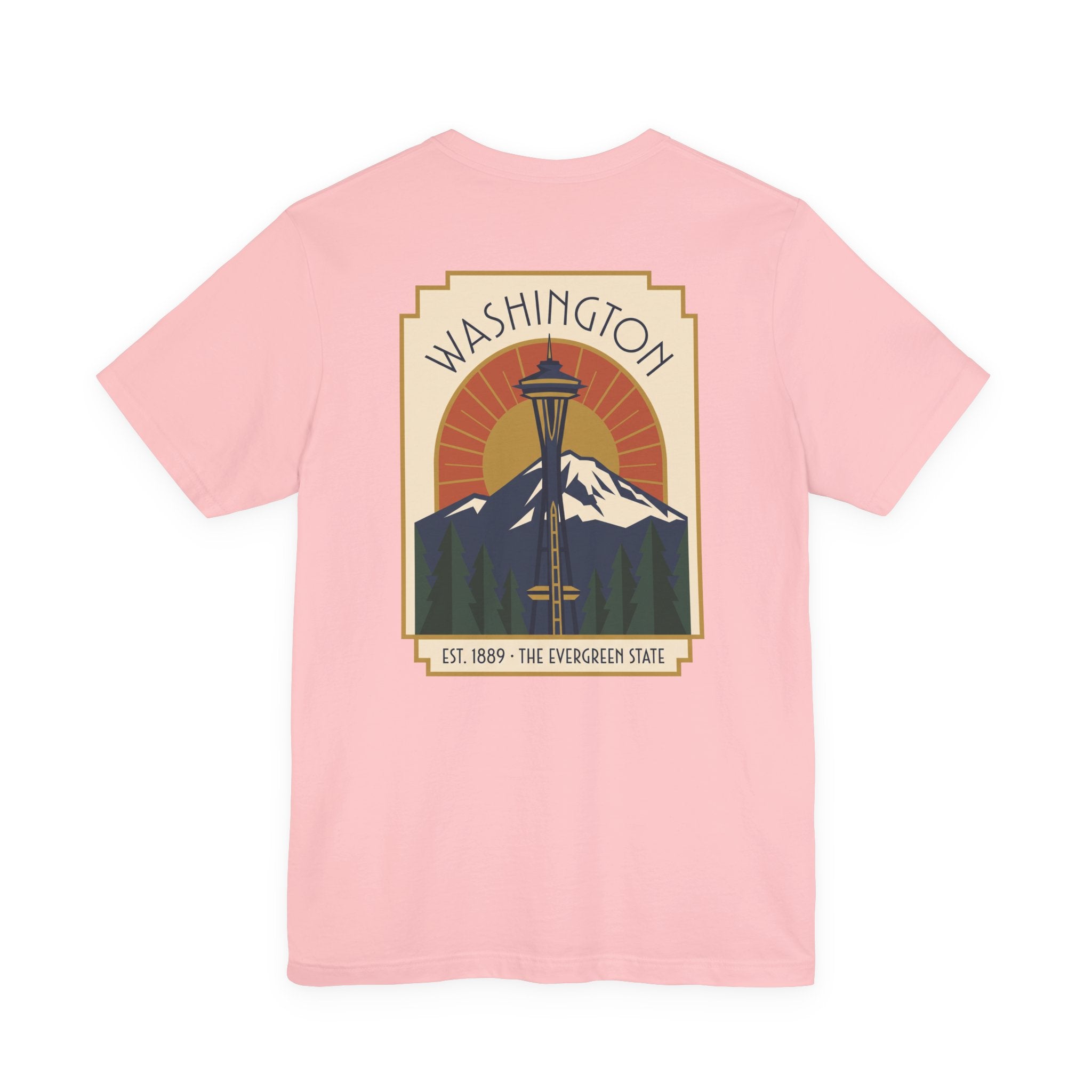 Light pink T-shirt with retro Space Needle and mountain graphic on the chest