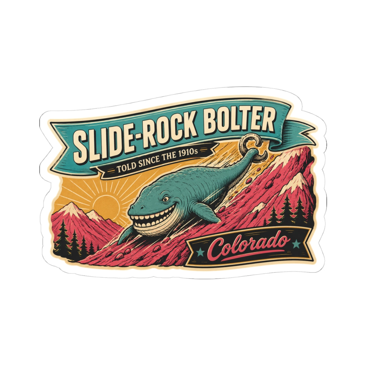 Outdoor vintage sticker showing a teal whale on red mountains with 'Colorado'