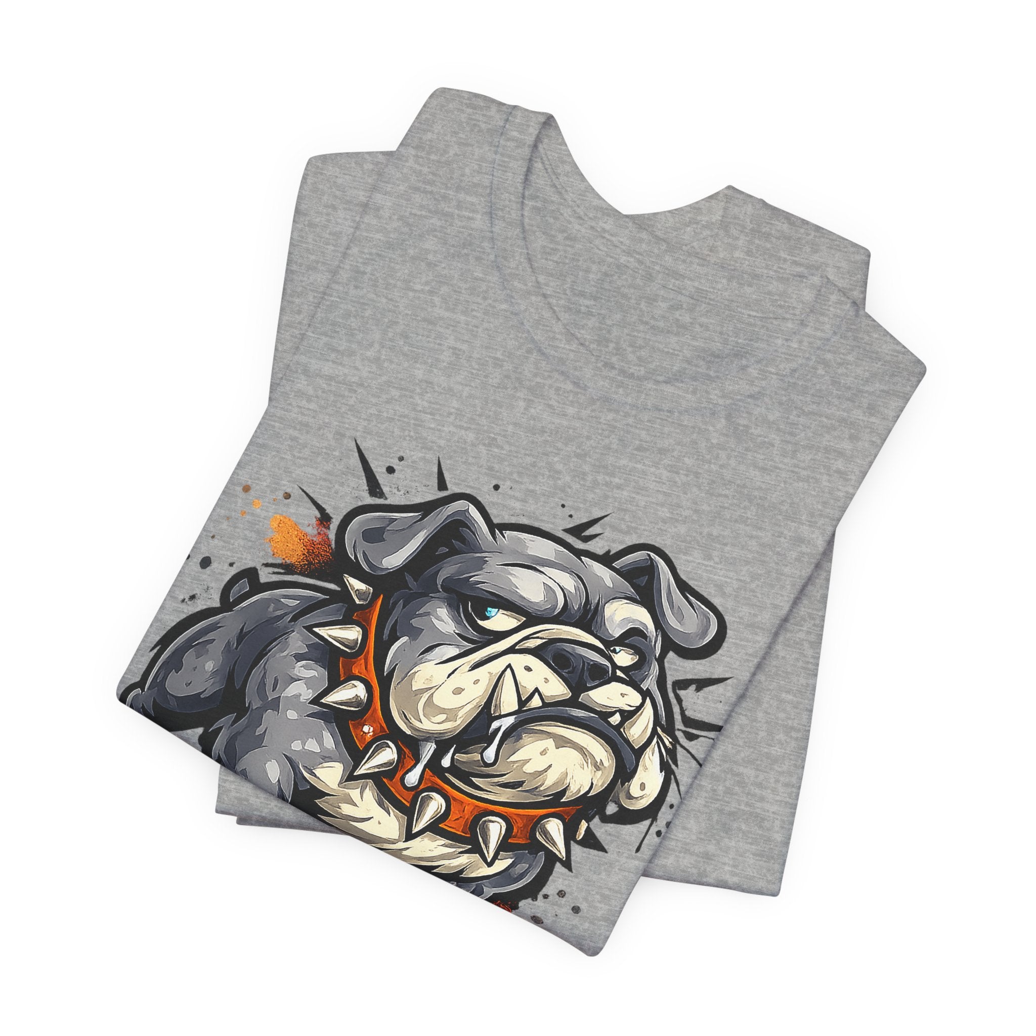 Heather gray t-shirt with snarling bulldog graphic in gray, tan, and orange