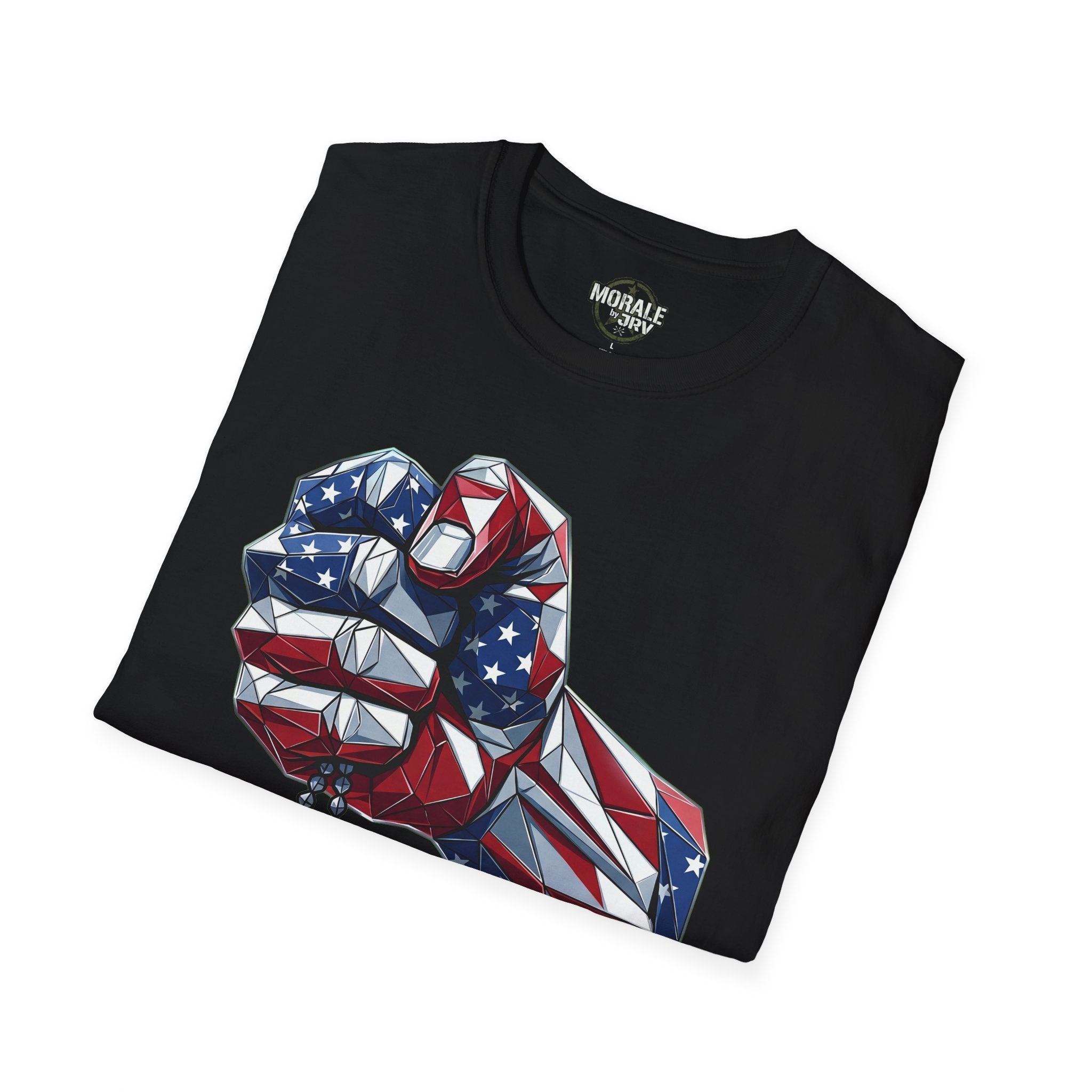 Black t-shirt with geometric patriotic fist, dog tags, and “Never Forget”