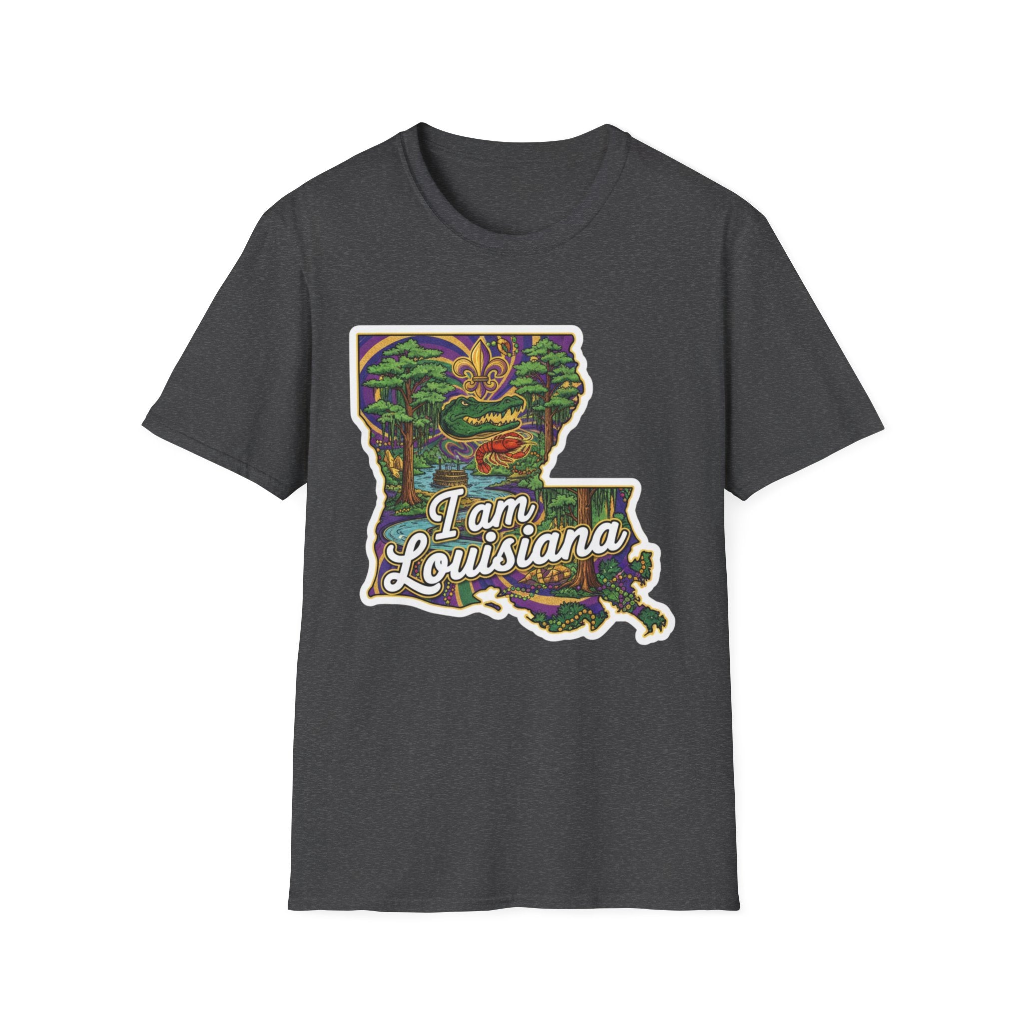 Camiseta gris oscuro jaspeada con mapa de Luisiana multicolor y texto “I am Louisiana”