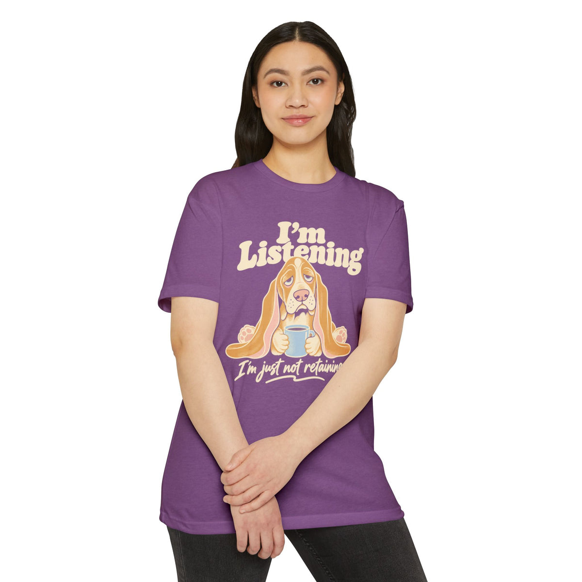 Basset hound graphic T-shirt in purple, front print with dog illustration and text
