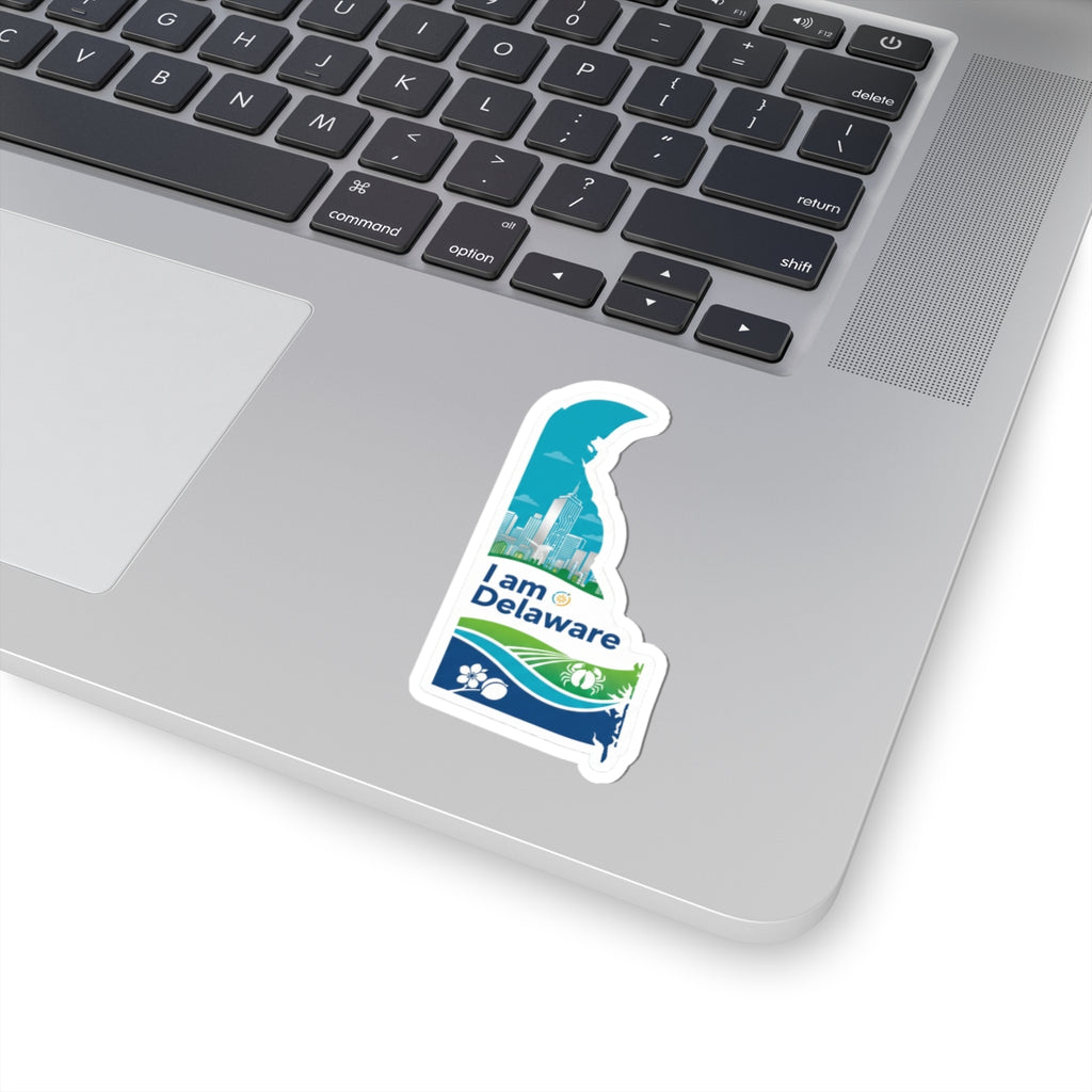 I am Delaware sticker, small die-cut design with waterfront and 'I am Delaware' text
