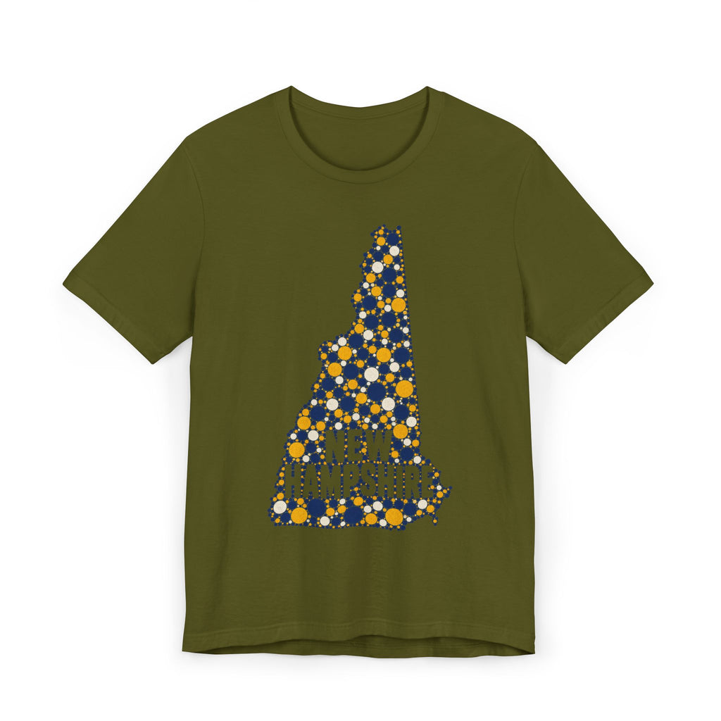 Olive green New Hampshire graphic T-shirt with floral dotted state outline and “NEW HAMPSHIRE” text