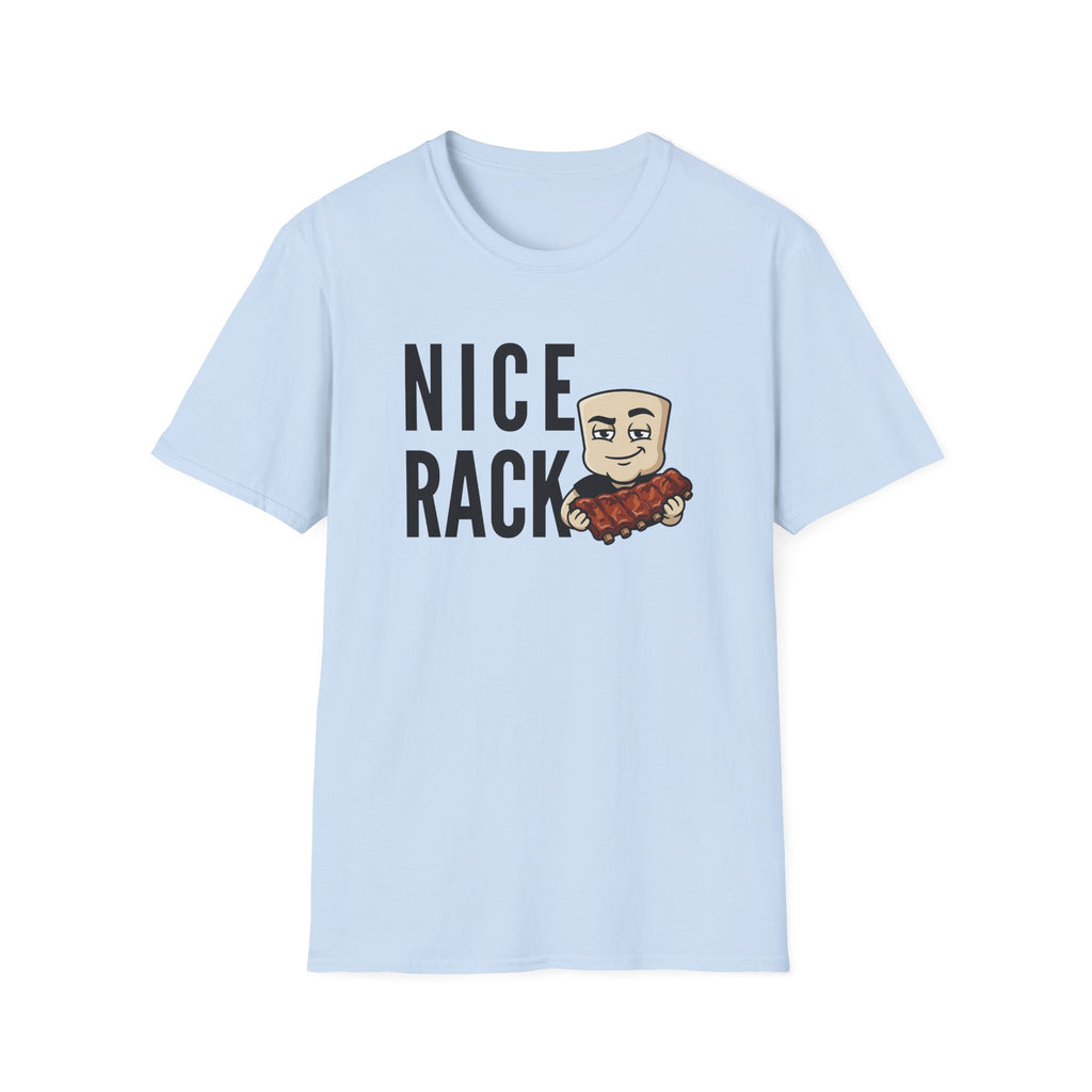 Light blue T-shirt with “Nice Rack” graphic and cartoon chef holding ribs