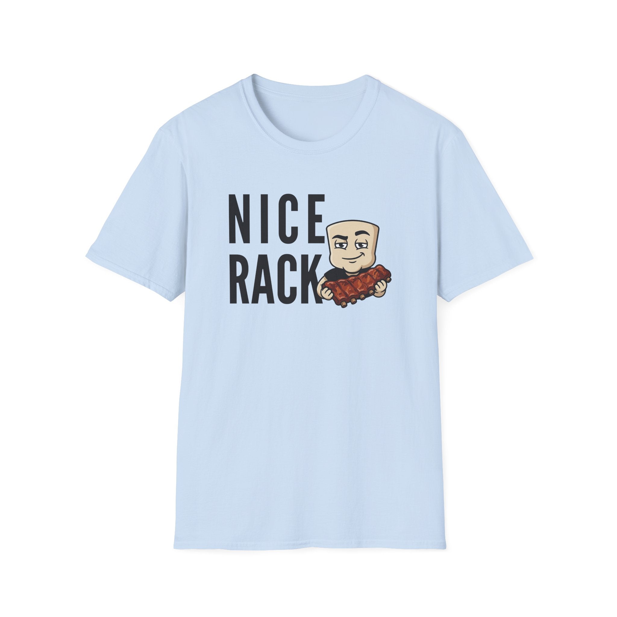 Light blue T-shirt with “Nice Rack” graphic and cartoon chef holding ribs