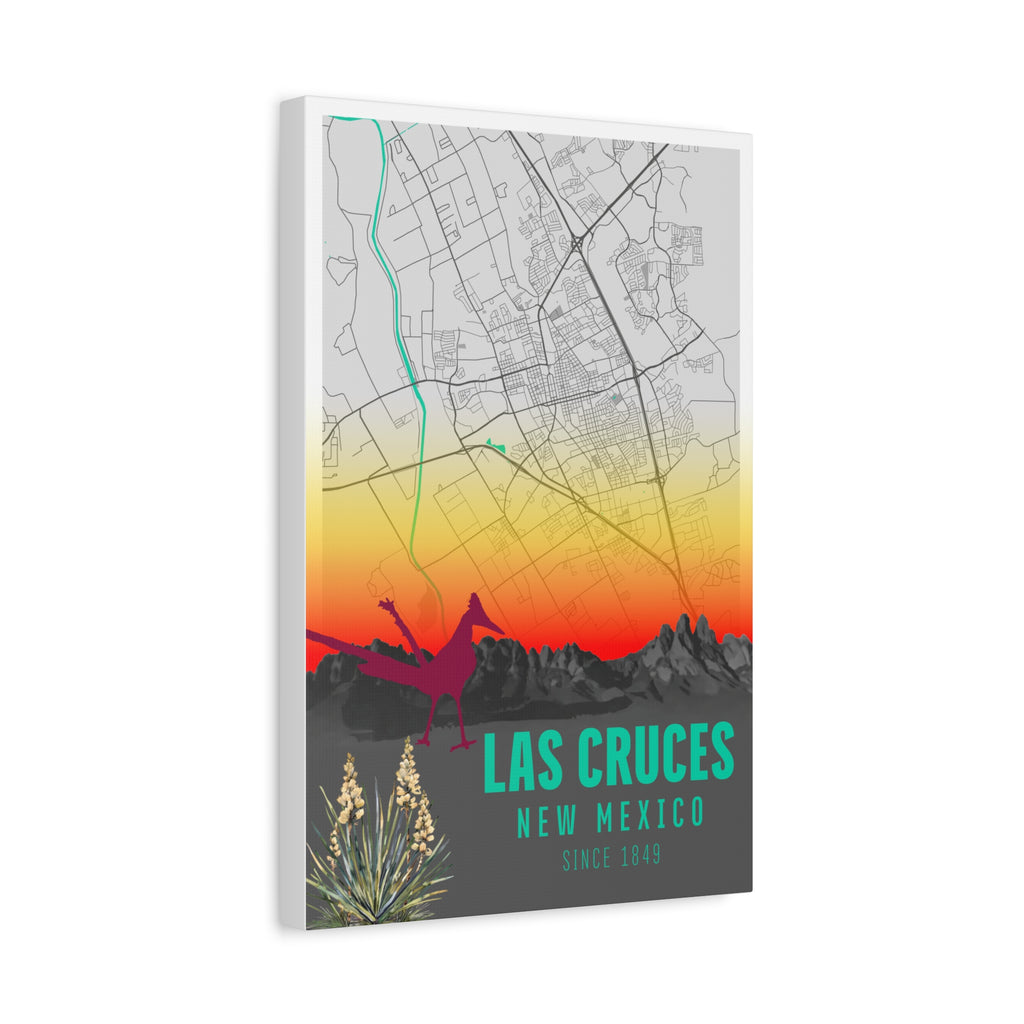 Las Cruces New Mexico map matte canvas, angled view with teal 'Las Cruces' lettering