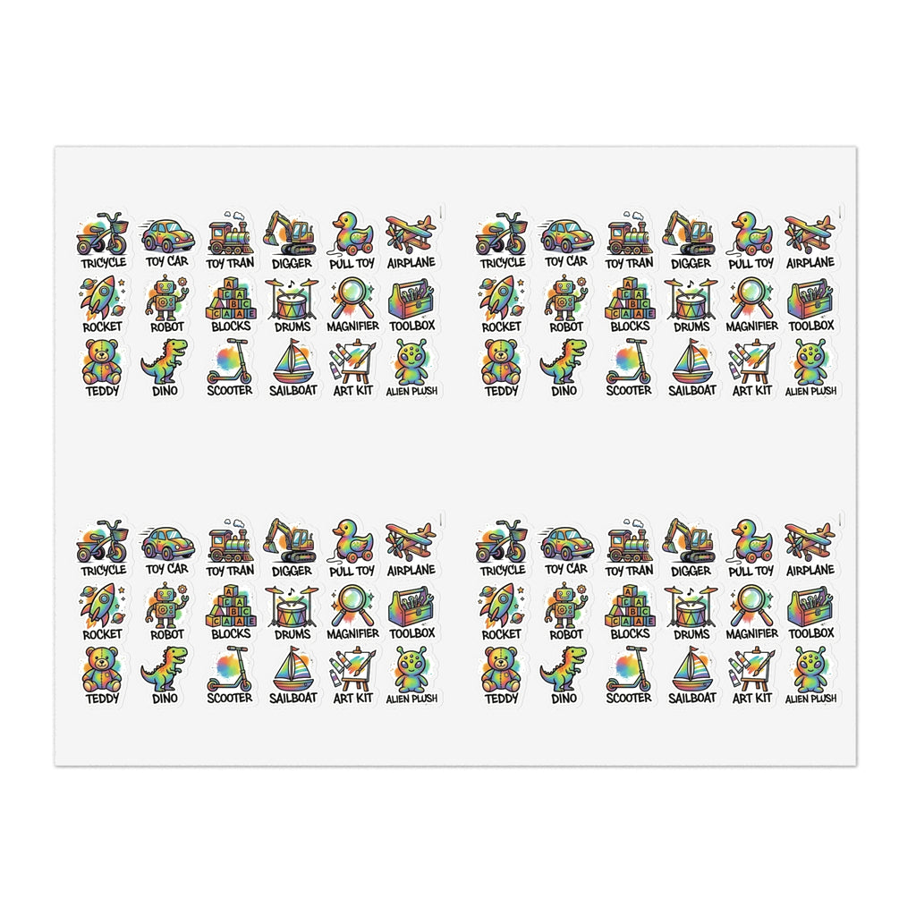 Die-cut sticker sheet with small multicolor toy icons, two main rows on white backing