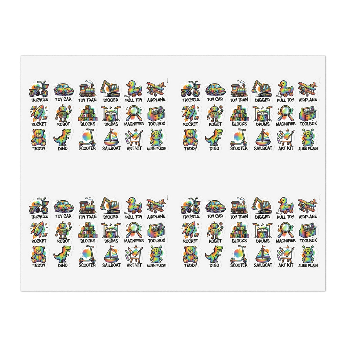 Die-cut sticker sheet with small multicolor toy icons, two main rows on white backing