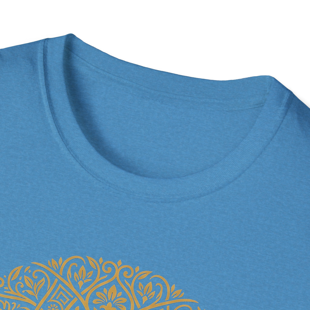 Gold Tree of Life T-shirt in light blue, crew neck close-up with gold graphic edge