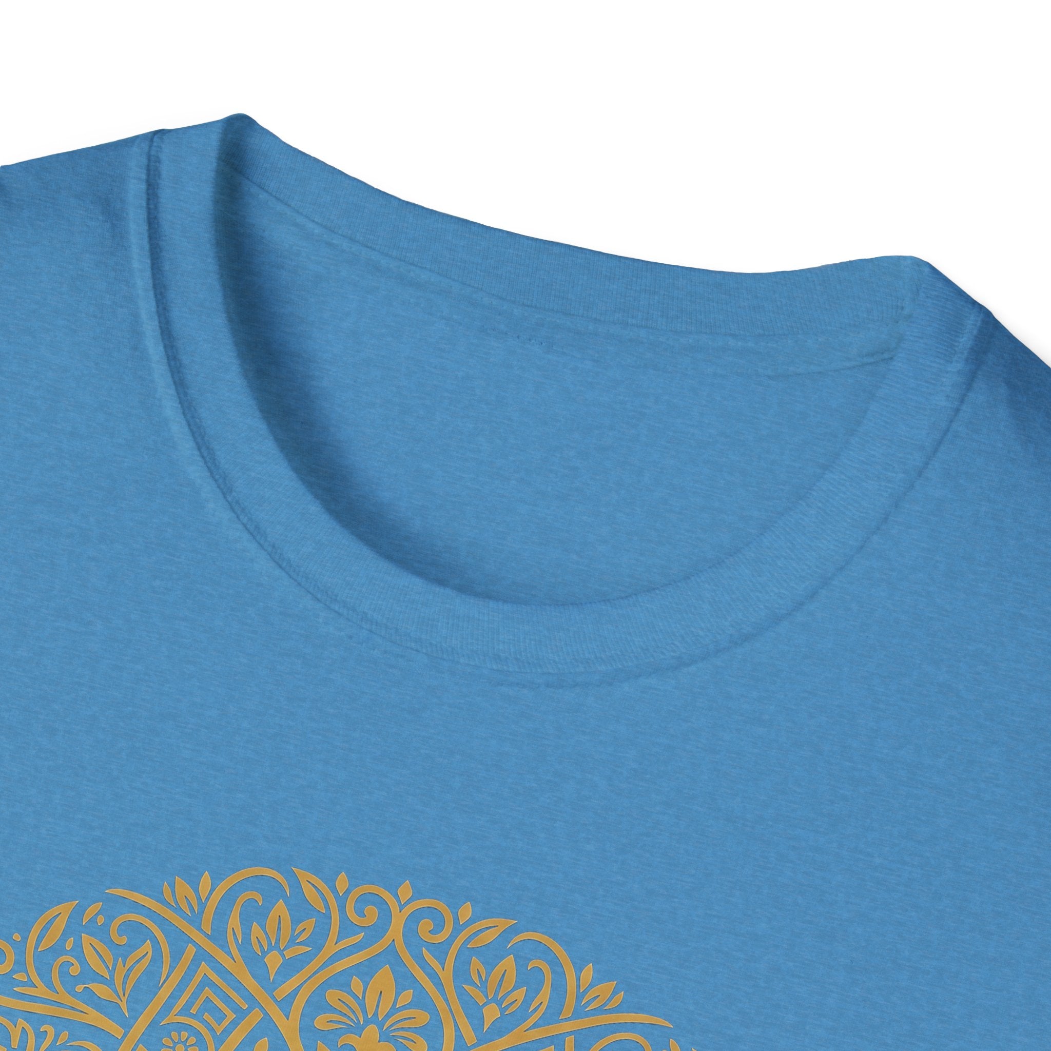 Gold Tree of Life T-shirt in light blue, crew neck close-up with gold graphic edge