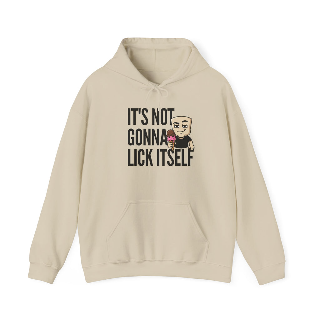 Beige hoodie with front pocket, hood, and ice cream character 'IT'S NOT...' graphic.