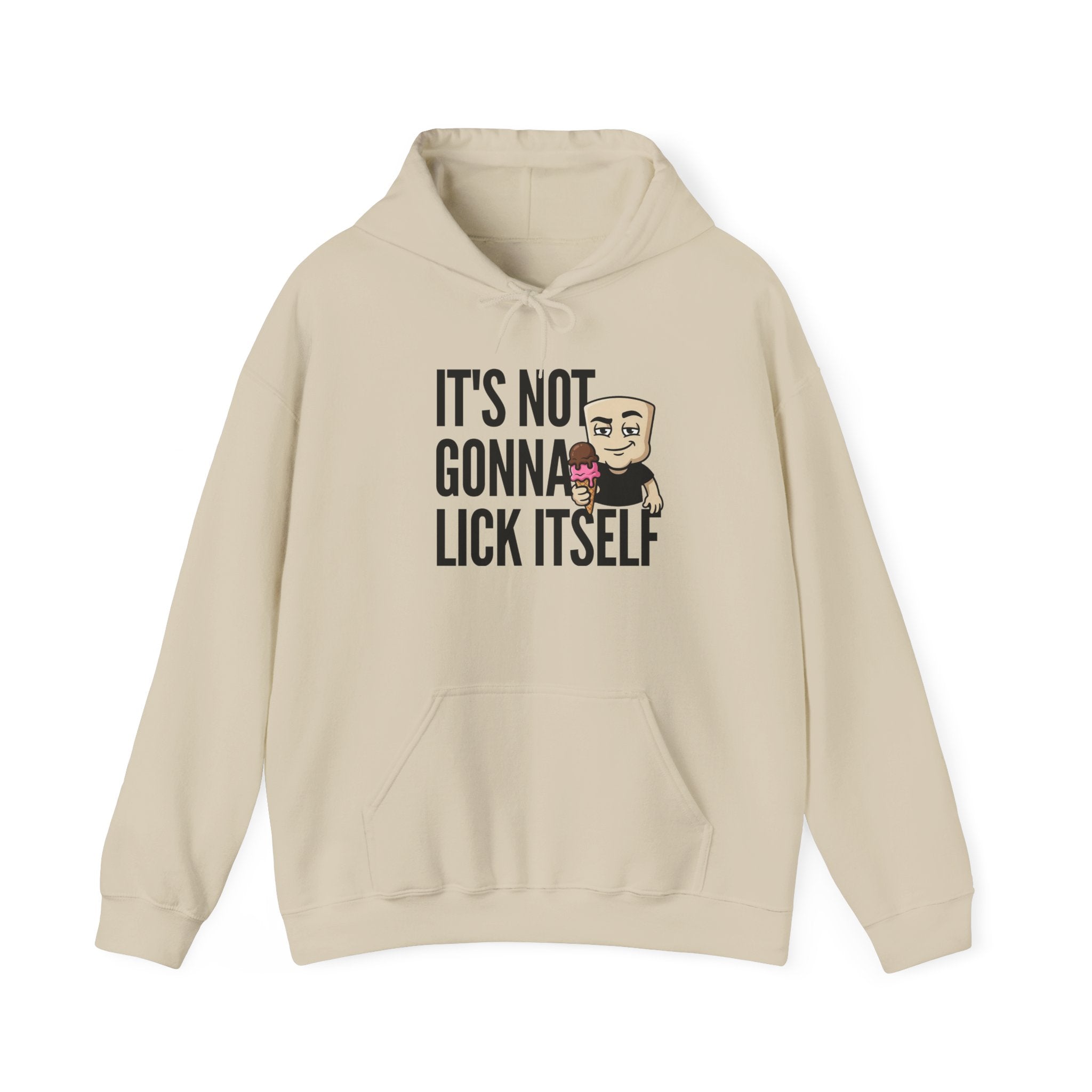 Beige hoodie with front pocket, hood, and ice cream character 'IT'S NOT...' graphic.