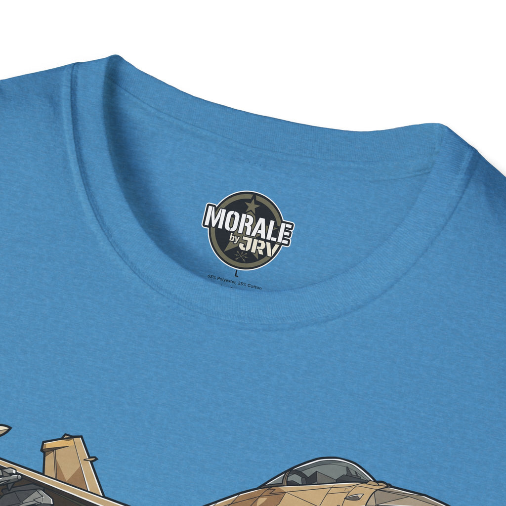 Light blue T-shirt neckline with “Morale by Jri” logo print
