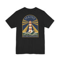 Black crewneck T-shirt with vintage lighthouse graphic in circular badge