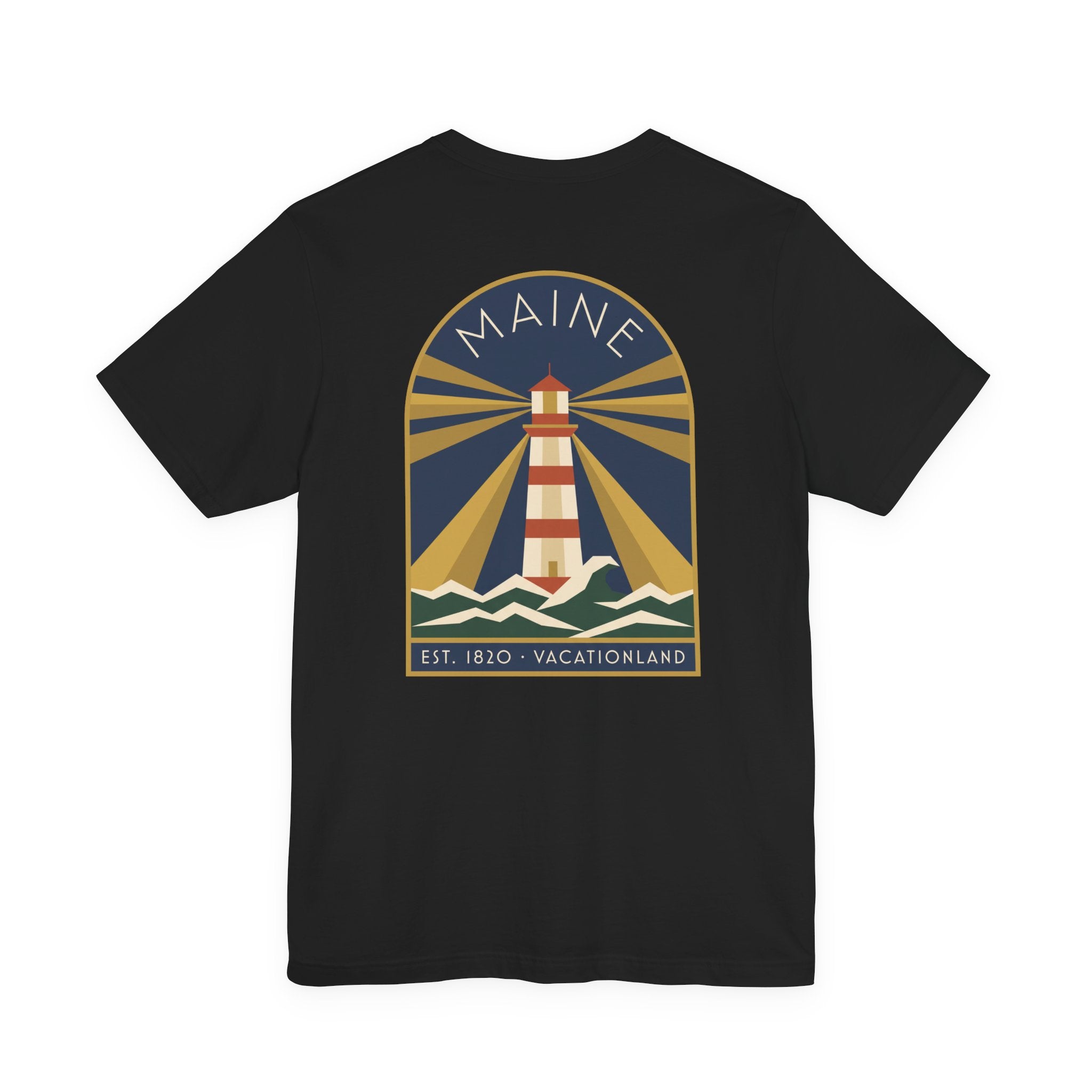 Black crewneck T-shirt with vintage lighthouse graphic in circular badge