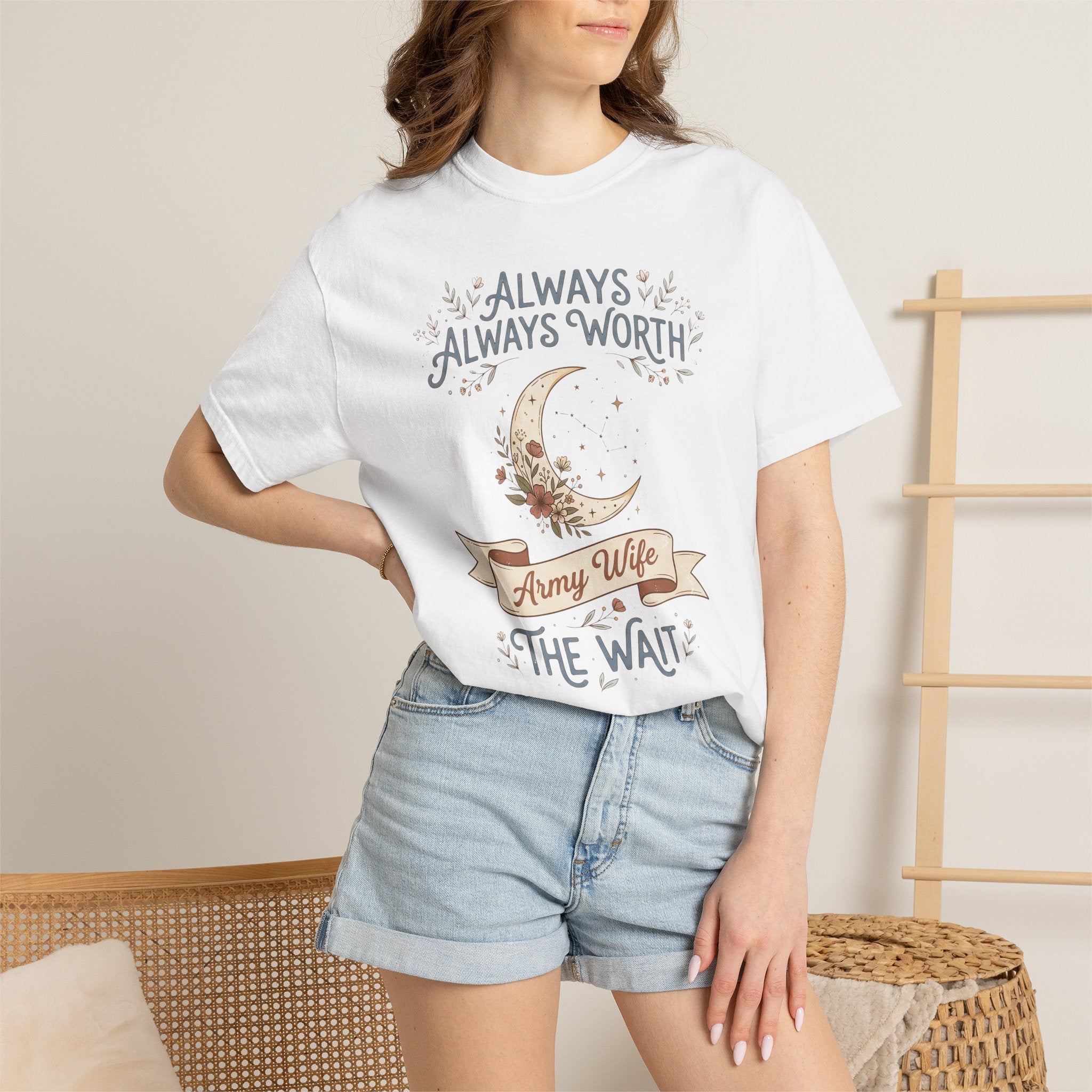 White T-shirt with moon graphic and 'Always Worth the Wait' slogan