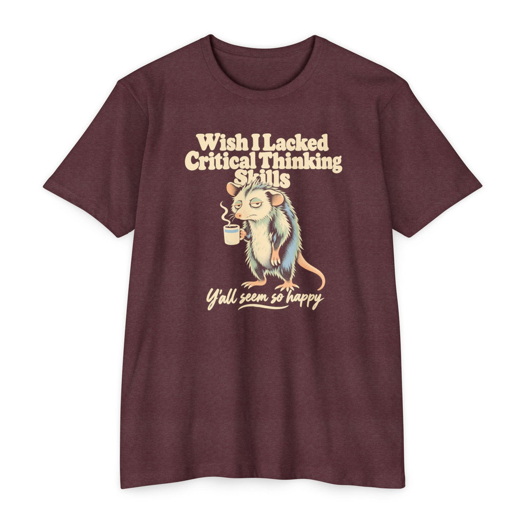 Maroon t-shirt with cartoon opossum holding a coffee cup graphic and slogan